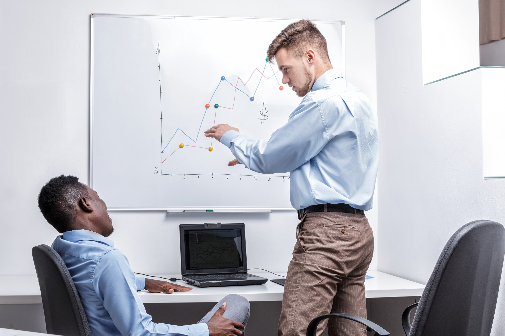 Berater erklärt Finanzplan vor Whiteboard